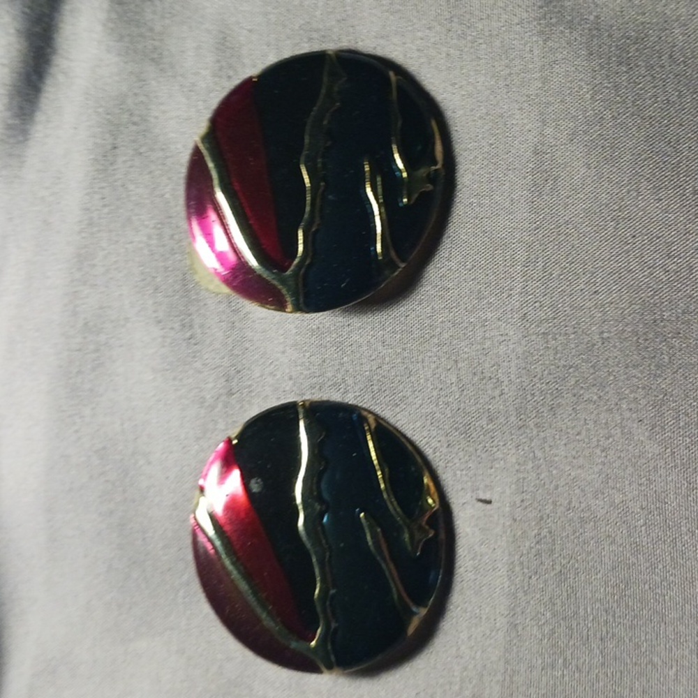 Vintage Pierced Earrings Blue Purple Enamel Round Statement 1.5"